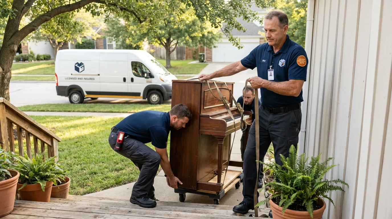 Licensed piano movers securing grand piano in Stafford Springs, CT