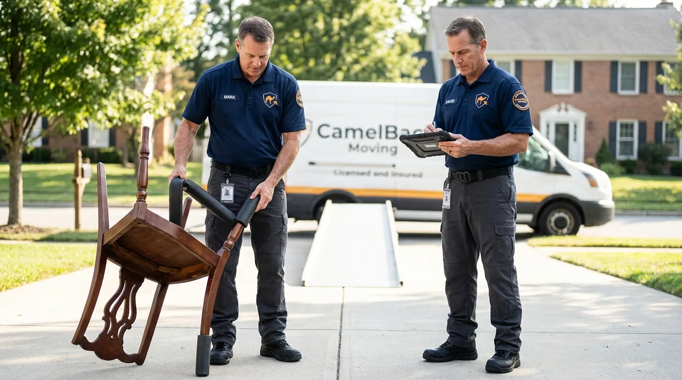 Movers inspecting furniture for damage prevention before loading in Stafford Springs, CT