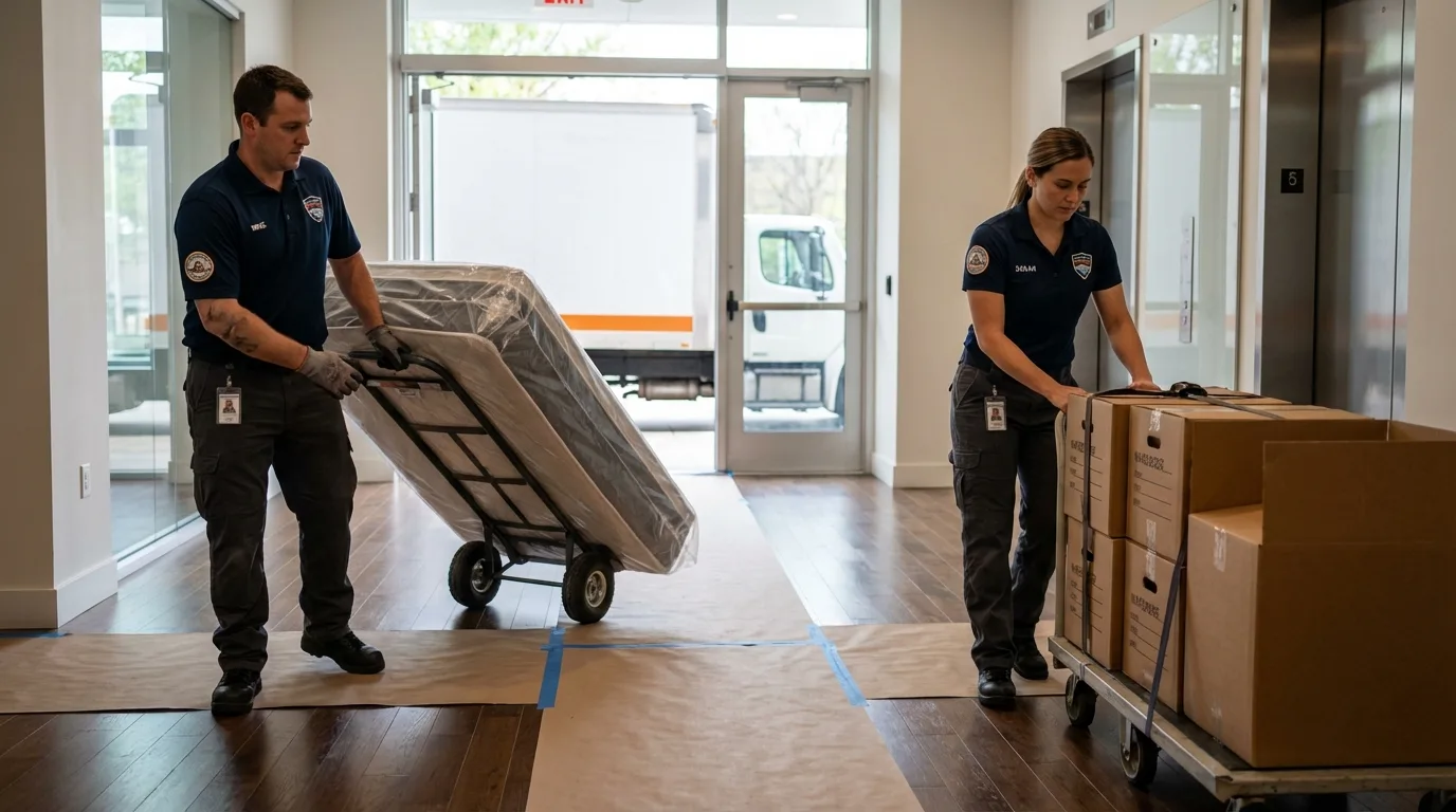Professional apartment movers loading elevator in Stafford Springs, CT