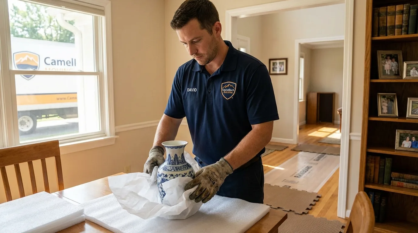 Professional crew carefully wrapping antique vase for senior downsizing move in Stafford Springs, CT